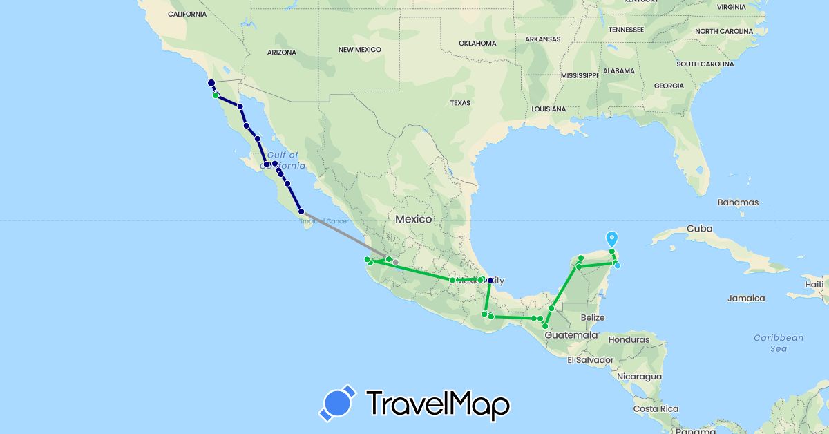 TravelMap itinerary: driving, bus, plane, boat in Mexico (North America)